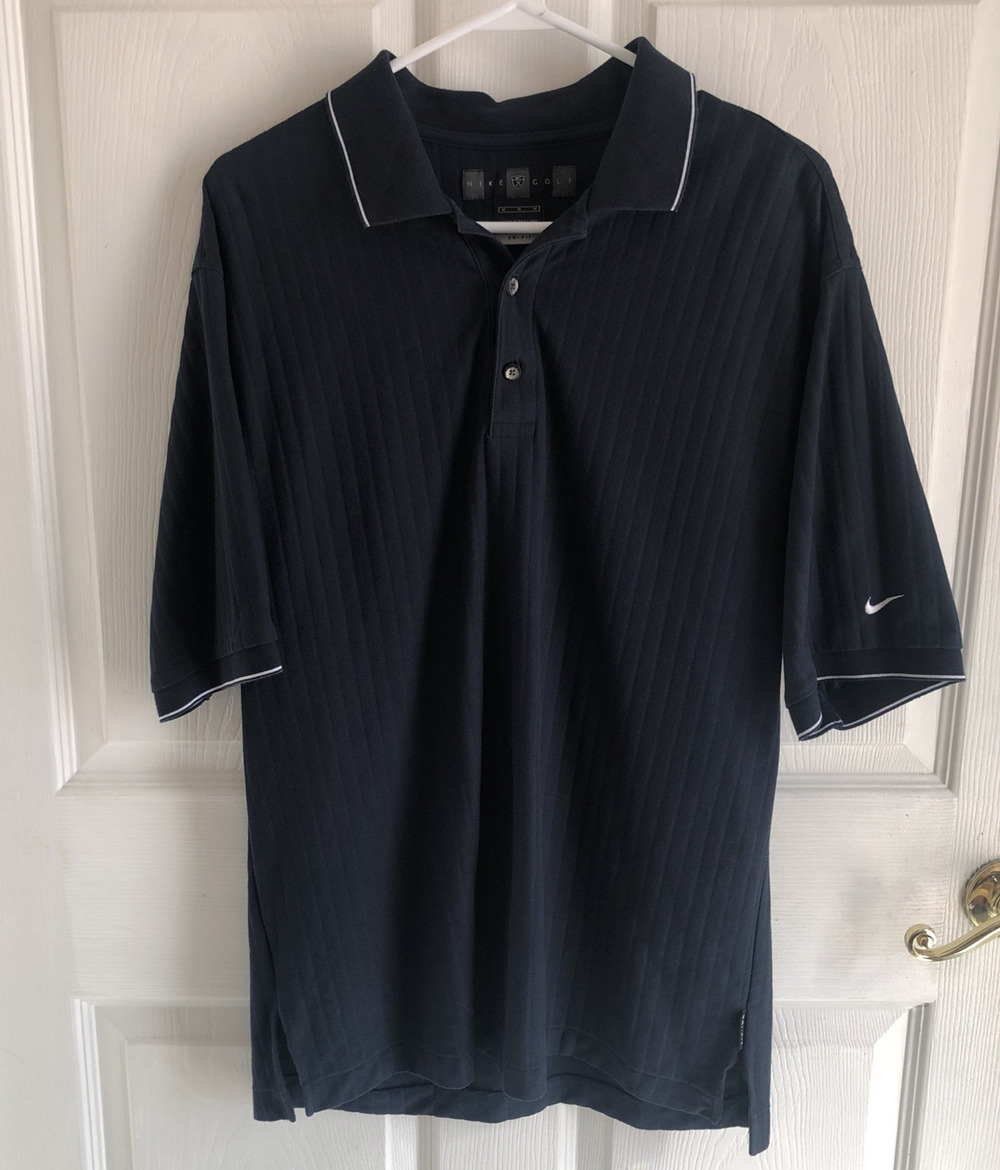 Nike Golf Mens Medium Navy Blue Polo Dri Fit textured stripe white trim golfcore